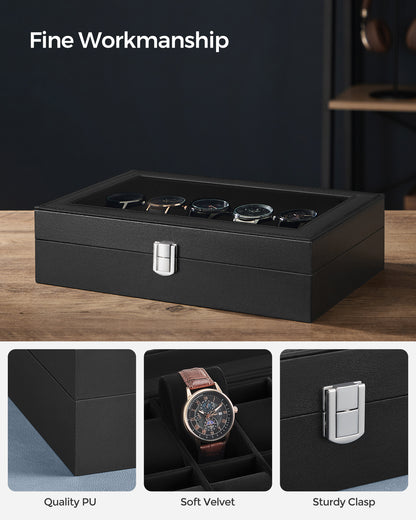 Premium 12-Slot Watch Box, Large Glass Lid, Removable Pillows, Black Synthetic Leather Organizer with Black Lining - Ideal Gift for Watch Enthusiasts