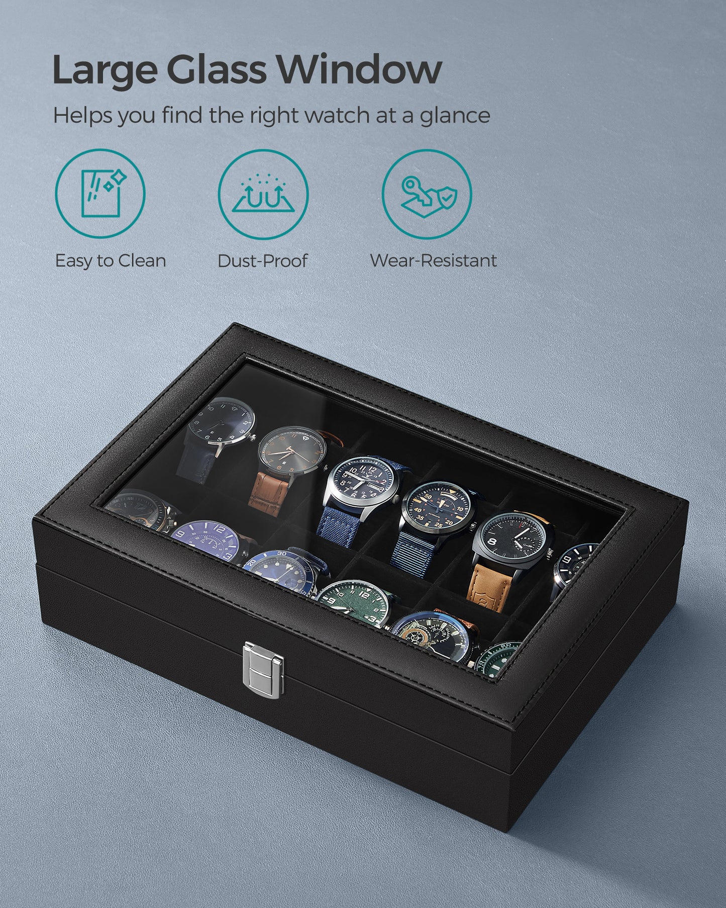 Premium 12-Slot Watch Box, Large Glass Lid, Removable Pillows, Black Synthetic Leather Organizer with Black Lining - Ideal Gift for Watch Enthusiasts