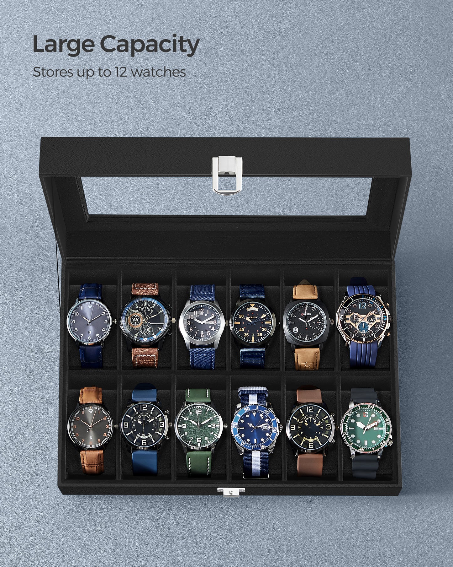 Premium 12-Slot Watch Box, Large Glass Lid, Removable Pillows, Black Synthetic Leather Organizer with Black Lining - Ideal Gift for Watch Enthusiasts