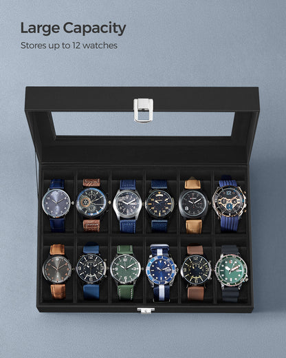 Premium 12-Slot Watch Box, Large Glass Lid, Removable Pillows, Black Synthetic Leather Organizer with Black Lining - Ideal Gift for Watch Enthusiasts