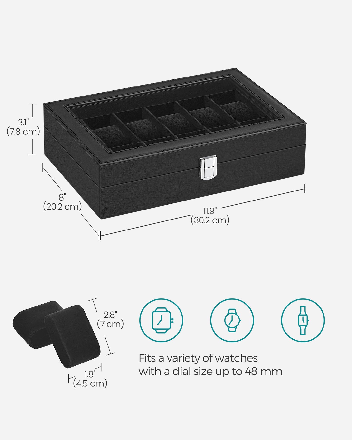 Premium 12-Slot Watch Box, Large Glass Lid, Removable Pillows, Black Synthetic Leather Organizer with Black Lining - Ideal Gift for Watch Enthusiasts
