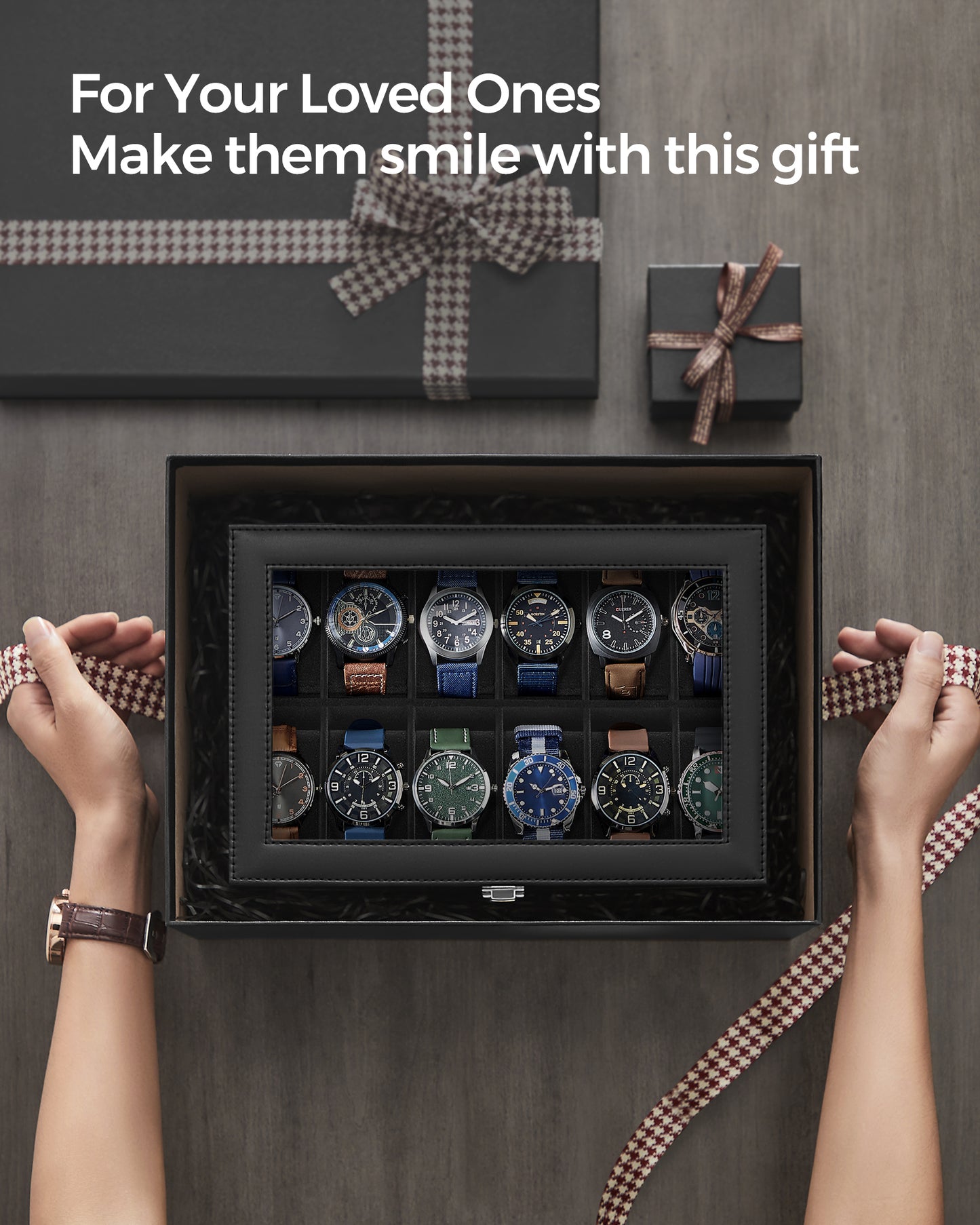 Premium 12-Slot Watch Box, Large Glass Lid, Removable Pillows, Black Synthetic Leather Organizer with Black Lining - Ideal Gift for Watch Enthusiasts