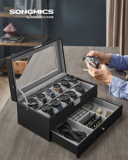 Elegant 12-Slot Watch Box, Lockable Case with Glass Lid, 2 Layers, 1 Drawer for Rings, Bracelets - Gift Idea in Black Synthetic Leather