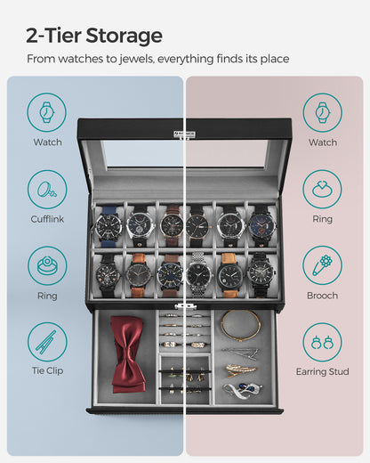 SONGMICS 12-Slot Watch Box, Lockable Watch Case with Glass Lid, 2 Layers, with 1 Drawer for Rings, Bracelets, Gift Idea, Black Synthetic Leather, Gray Lining