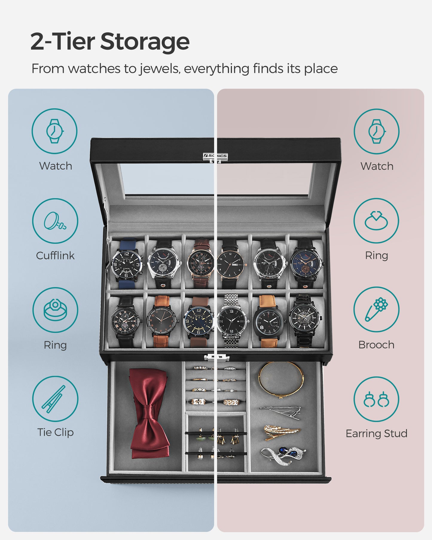Elegant 12-Slot Watch Box, Lockable Case with Glass Lid, 2 Layers, 1 Drawer for Rings, Bracelets - Gift Idea in Black Synthetic Leather