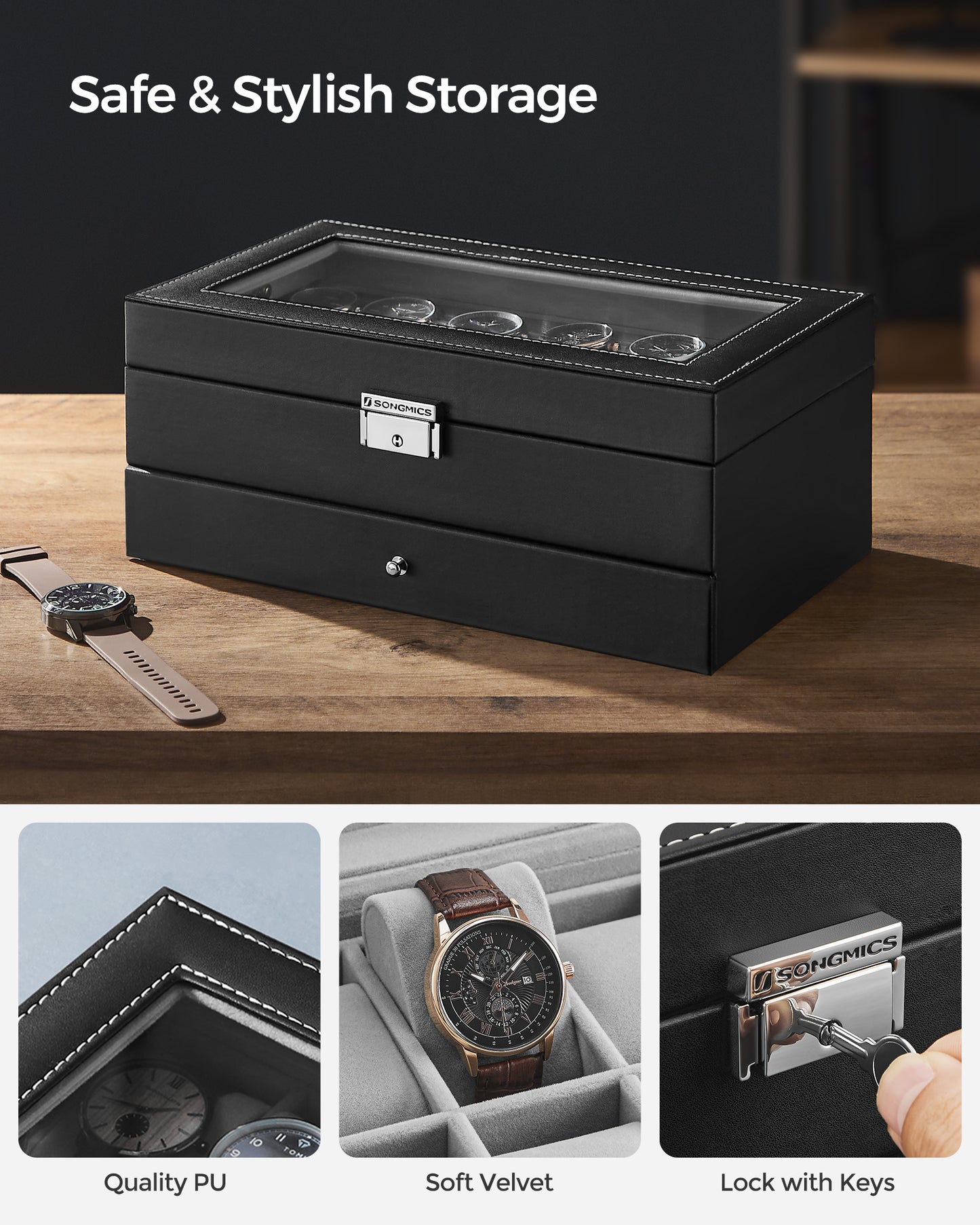 Elegant 12-Slot Watch Box, Lockable Case with Glass Lid, 2 Layers, 1 Drawer for Rings, Bracelets - Gift Idea in Black Synthetic Leather