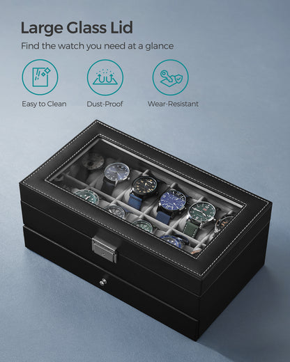 Elegant 12-Slot Watch Box, Lockable Case with Glass Lid, 2 Layers, 1 Drawer for Rings, Bracelets - Gift Idea in Black Synthetic Leather