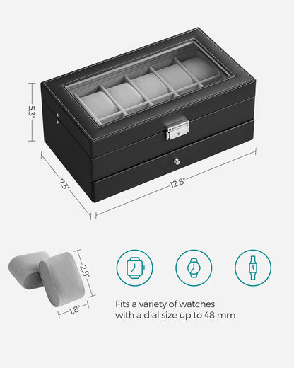 Elegant 12-Slot Watch Box, Lockable Case with Glass Lid, 2 Layers, 1 Drawer for Rings, Bracelets - Gift Idea in Black Synthetic Leather