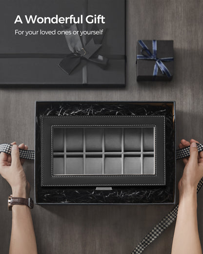 Elegant 12-Slot Watch Box, Lockable Case with Glass Lid, 2 Layers, 1 Drawer for Rings, Bracelets - Gift Idea in Black Synthetic Leather
