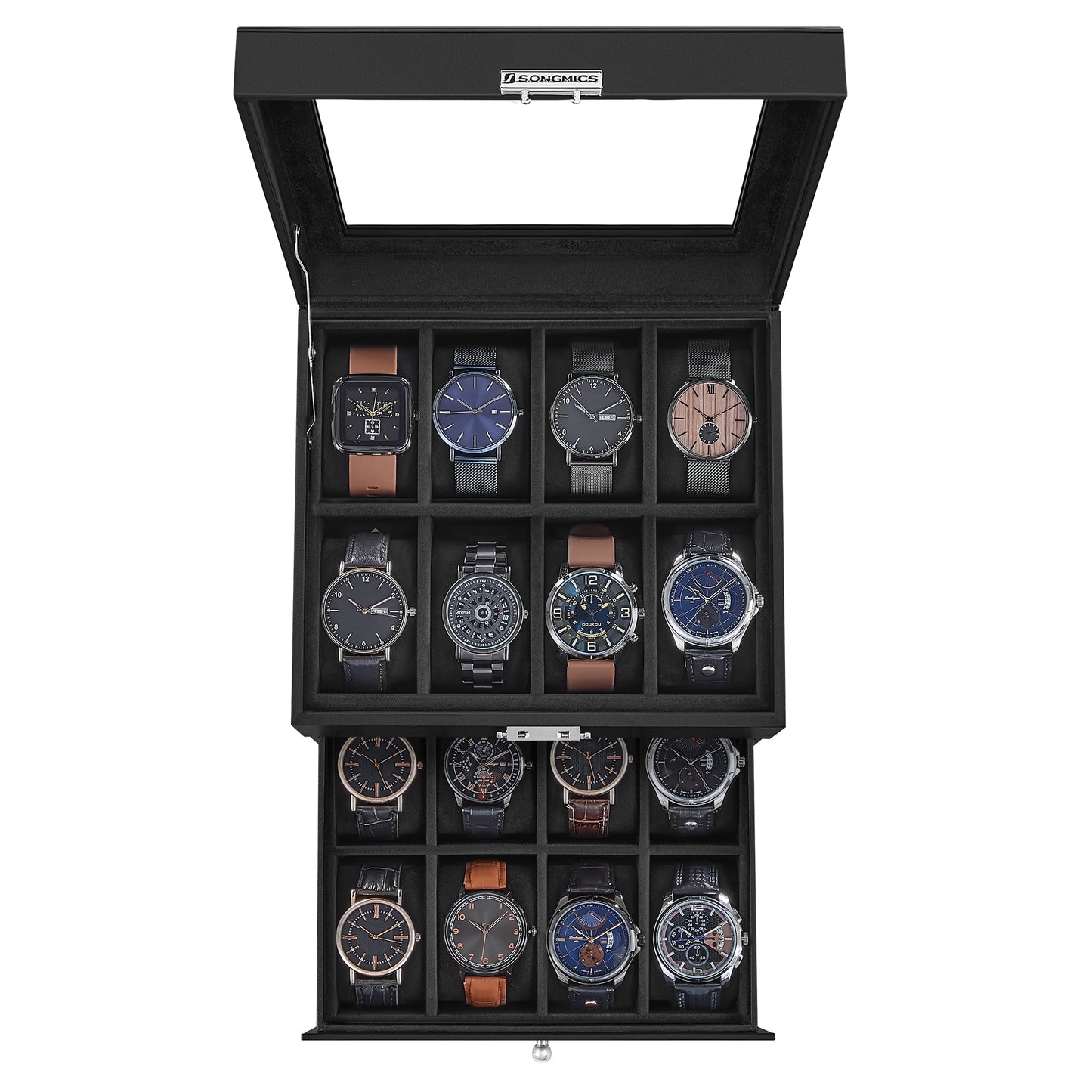 SONGMICS 16-Slot Watch Box, Leather Watch Case with Glass Lid, 2 Layers Lockable Watch Display Case, Black and Black