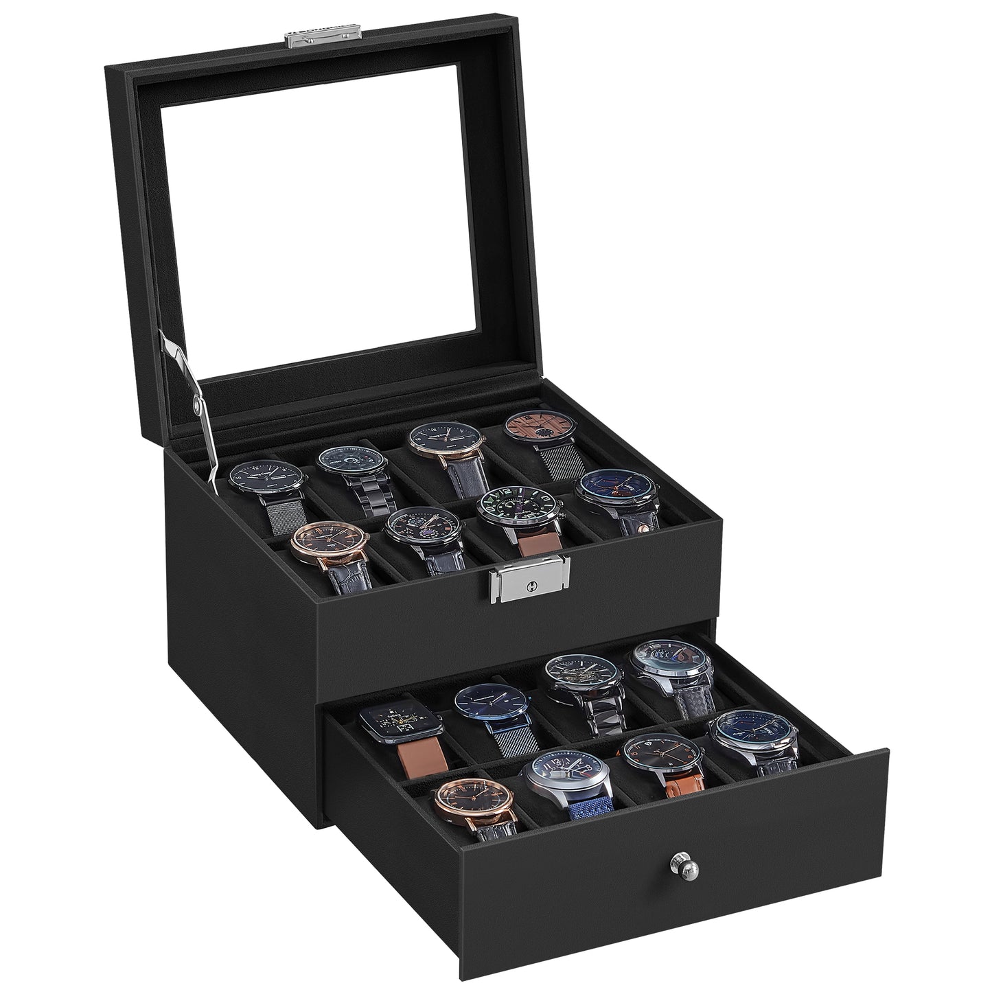 SONGMICS 16-Slot Watch Box, Leather Watch Case with Glass Lid, 2 Layers Lockable Watch Display Case, Black and Black