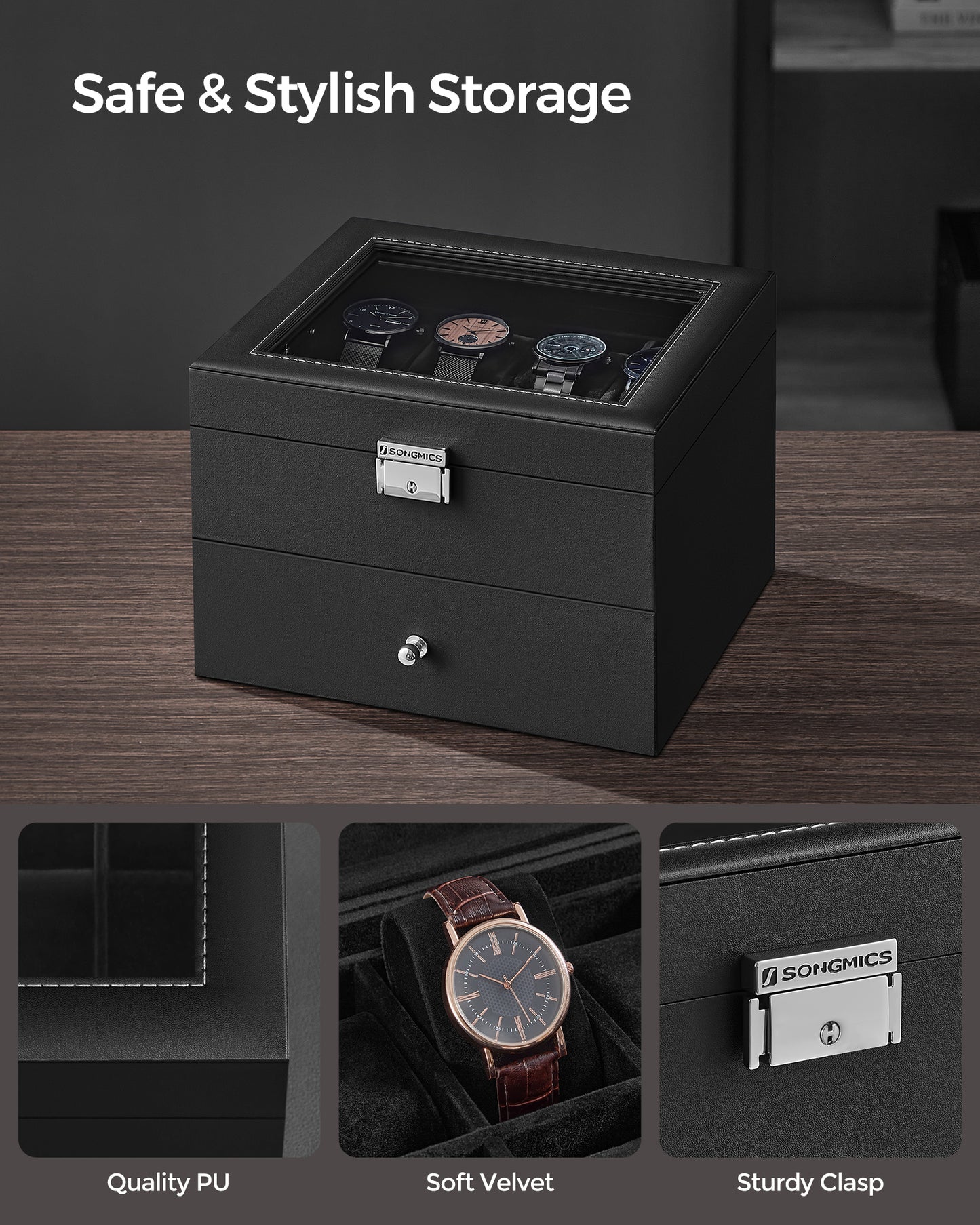 SONGMICS 16-Slot Watch Box, Leather Watch Case with Glass Lid, 2 Layers Lockable Watch Display Case, Black and Black