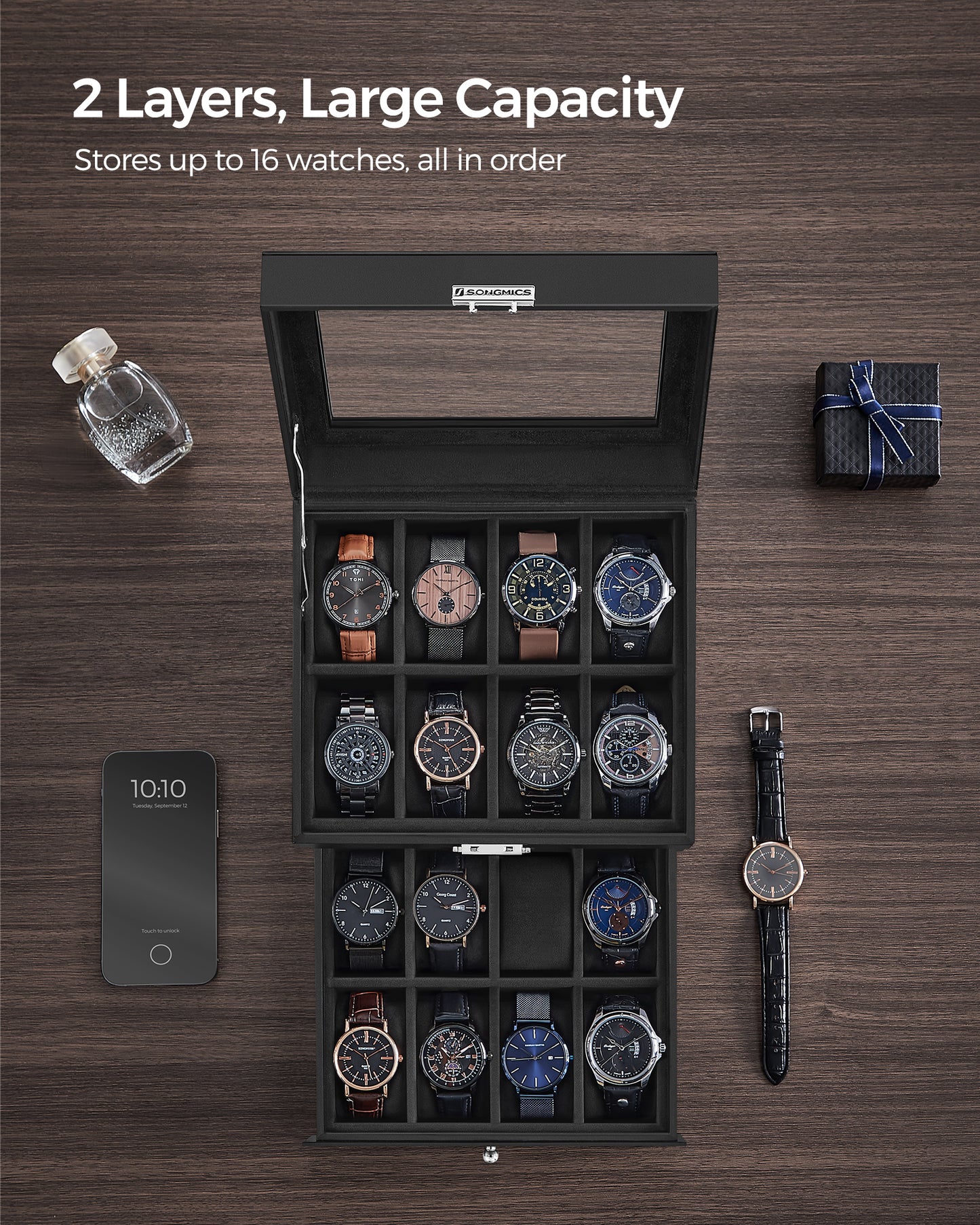 SONGMICS 16-Slot Watch Box, Leather Watch Case with Glass Lid, 2 Layers Lockable Watch Display Case, Black and Black