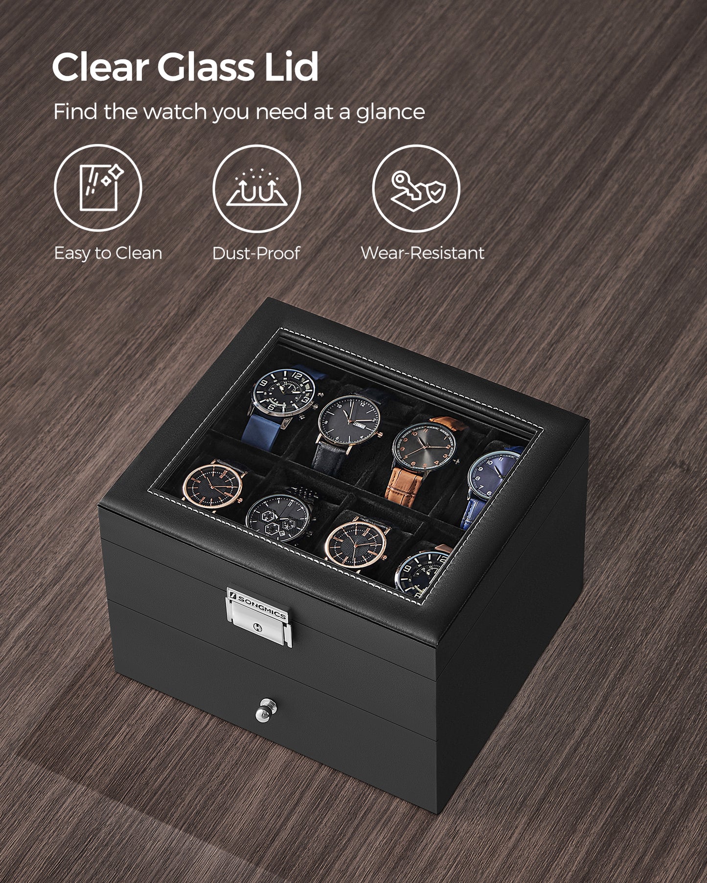 SONGMICS 16-Slot Watch Box, Leather Watch Case with Glass Lid, 2 Layers Lockable Watch Display Case, Black and Black