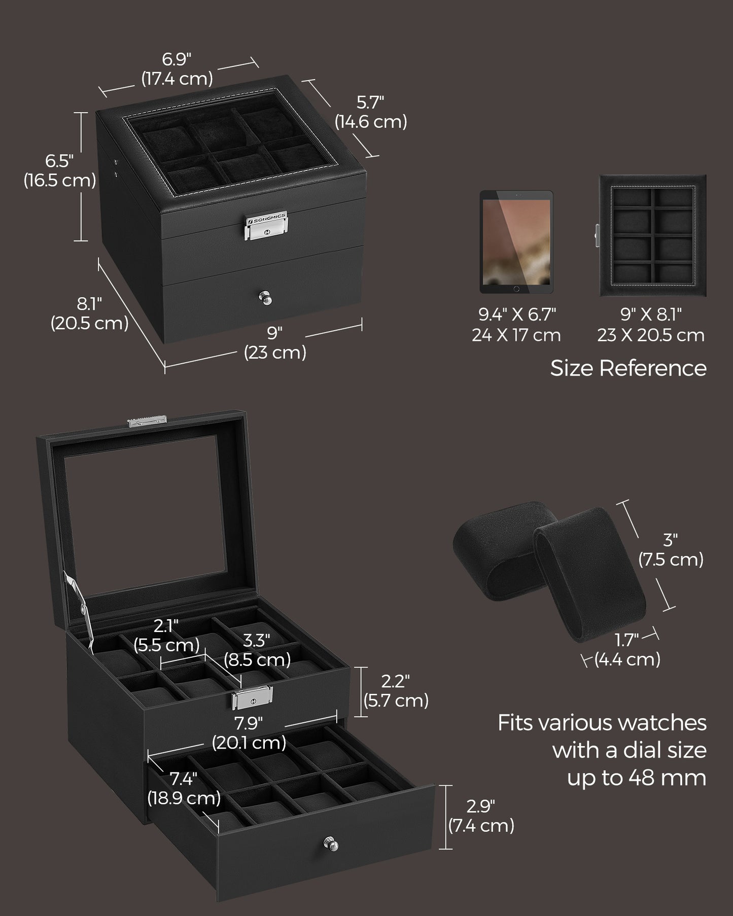 SONGMICS 16-Slot Watch Box, Leather Watch Case with Glass Lid, 2 Layers Lockable Watch Display Case, Black and Black