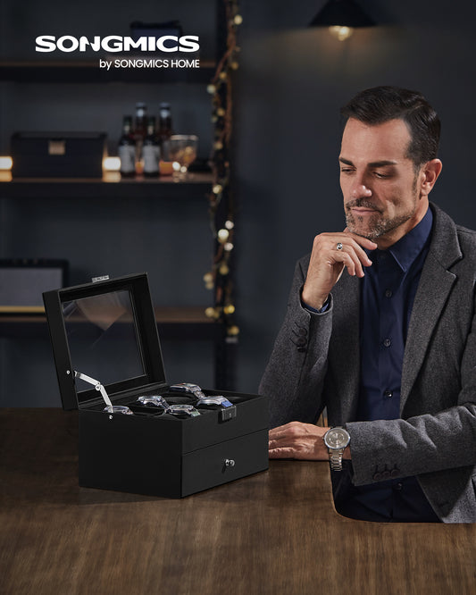 20-Slot Watch Box, Watch Case with Glass Lid, 2 Layers, Lockable Watch Display Case, Black Synthetic Leather, Black Lining