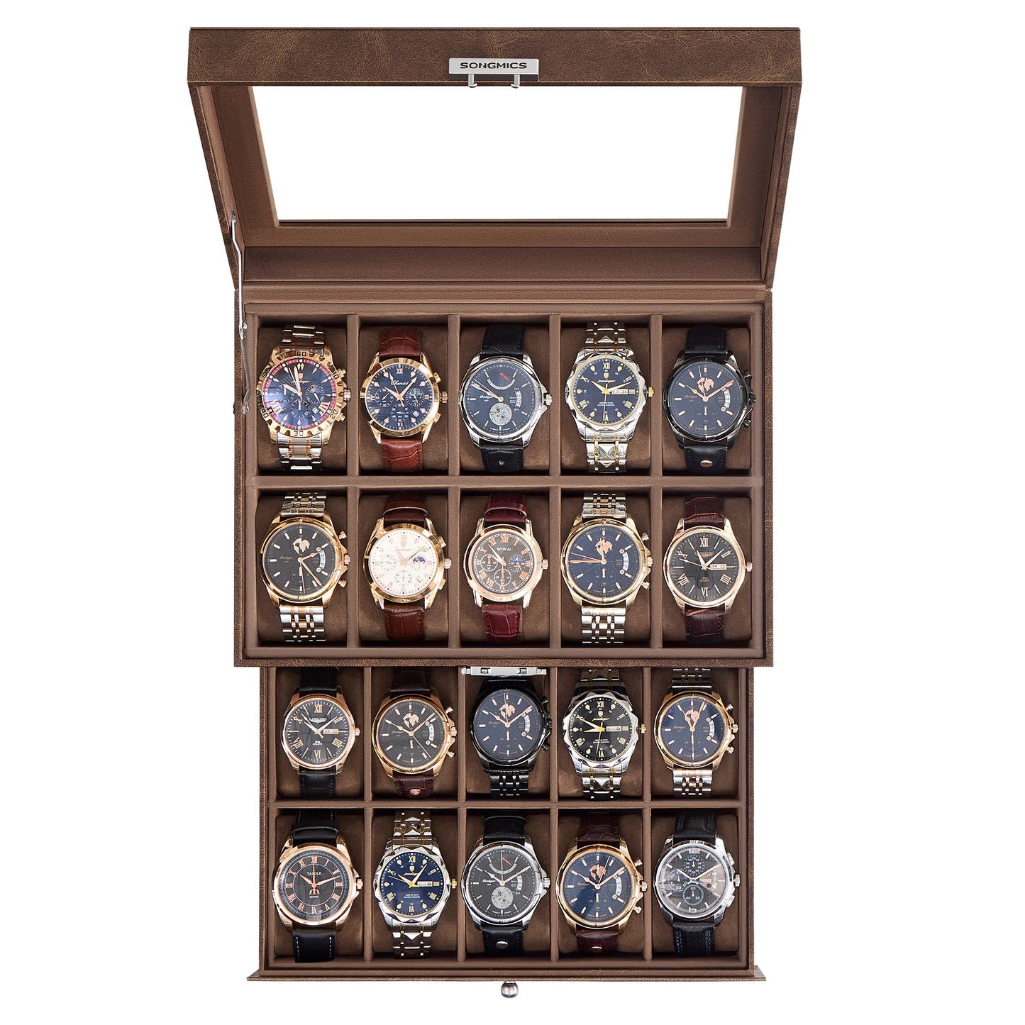 SONGMICS 20-Slot Watch Box, Watch Display Case with Glass Lid, 2 Layers, Lockable, Coffee Brown Synthetic Leather, Coffee Brown Lining