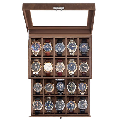 SONGMICS 20-Slot Watch Box, Watch Display Case with Glass Lid, 2 Layers, Lockable, Coffee Brown Synthetic Leather, Coffee Brown Lining
