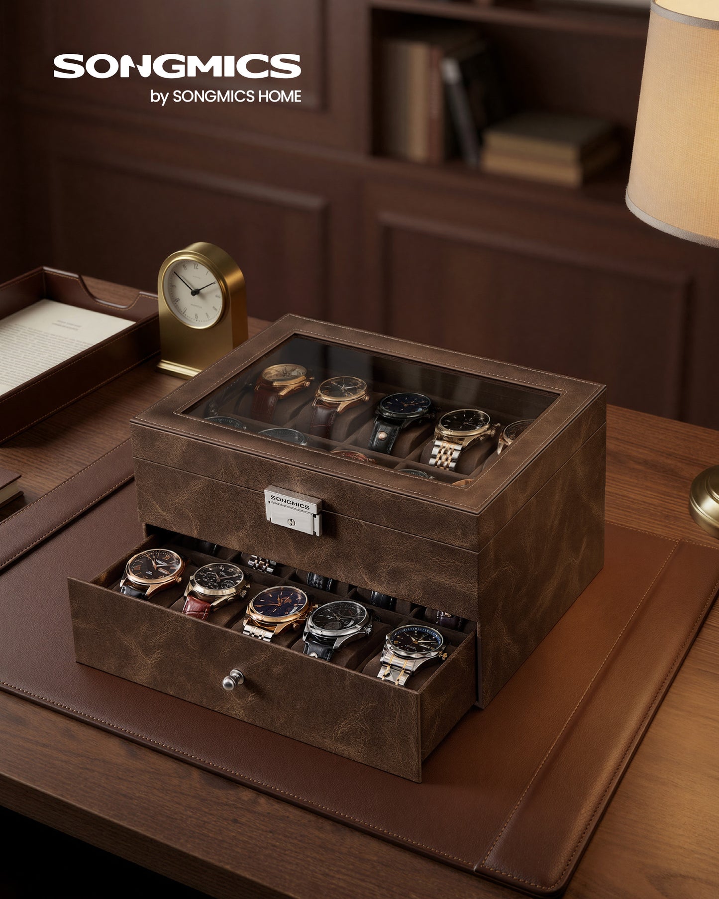 SONGMICS 20-Slot Watch Box, Watch Display Case with Glass Lid, 2 Layers, Lockable, Coffee Brown Synthetic Leather, Coffee Brown Lining
