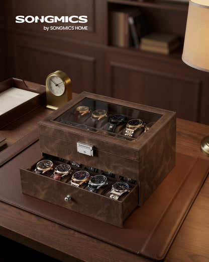 SONGMICS 20-Slot Watch Box, Watch Display Case with Glass Lid, 2 Layers, Lockable, Coffee Brown Synthetic Leather, Coffee Brown Lining