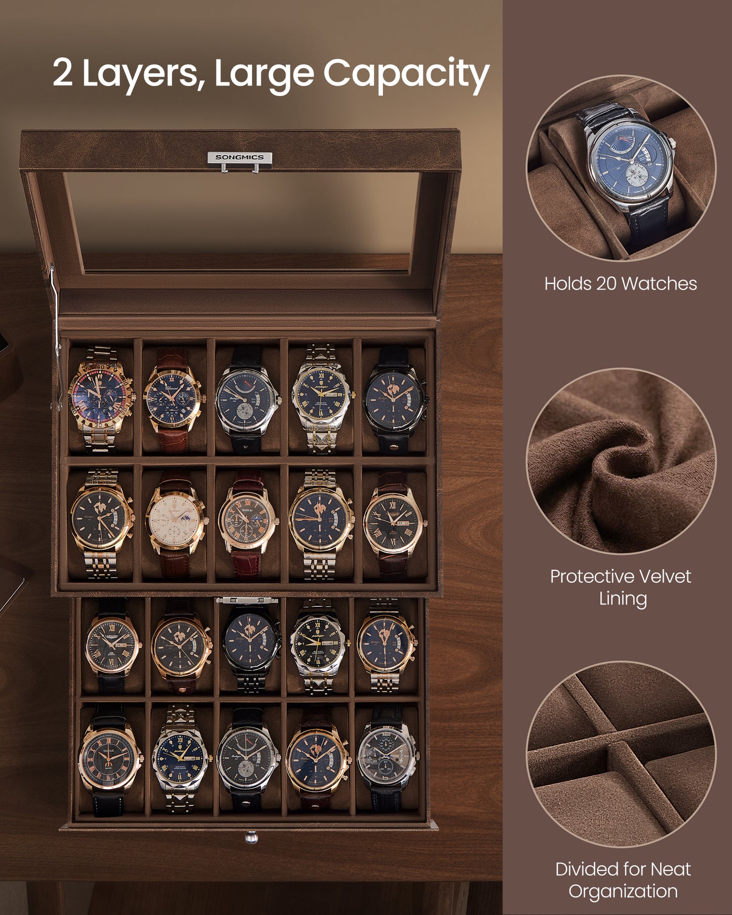 SONGMICS 20-Slot Watch Box, Watch Display Case with Glass Lid, 2 Layers, Lockable, Coffee Brown Synthetic Leather, Coffee Brown Lining