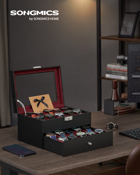 Premium 20-Slot Watch Box, Glass Lid, 2 Layers, Lockable Display Case in Black Synthetic Leather with Wine Red Lining