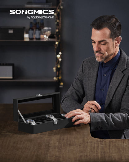 Sleek 6-Slot Watch Box, Large Glass Lid, Removable Pillows, Watch Organizer - Gift for Loved Ones, Black Synthetic Leather