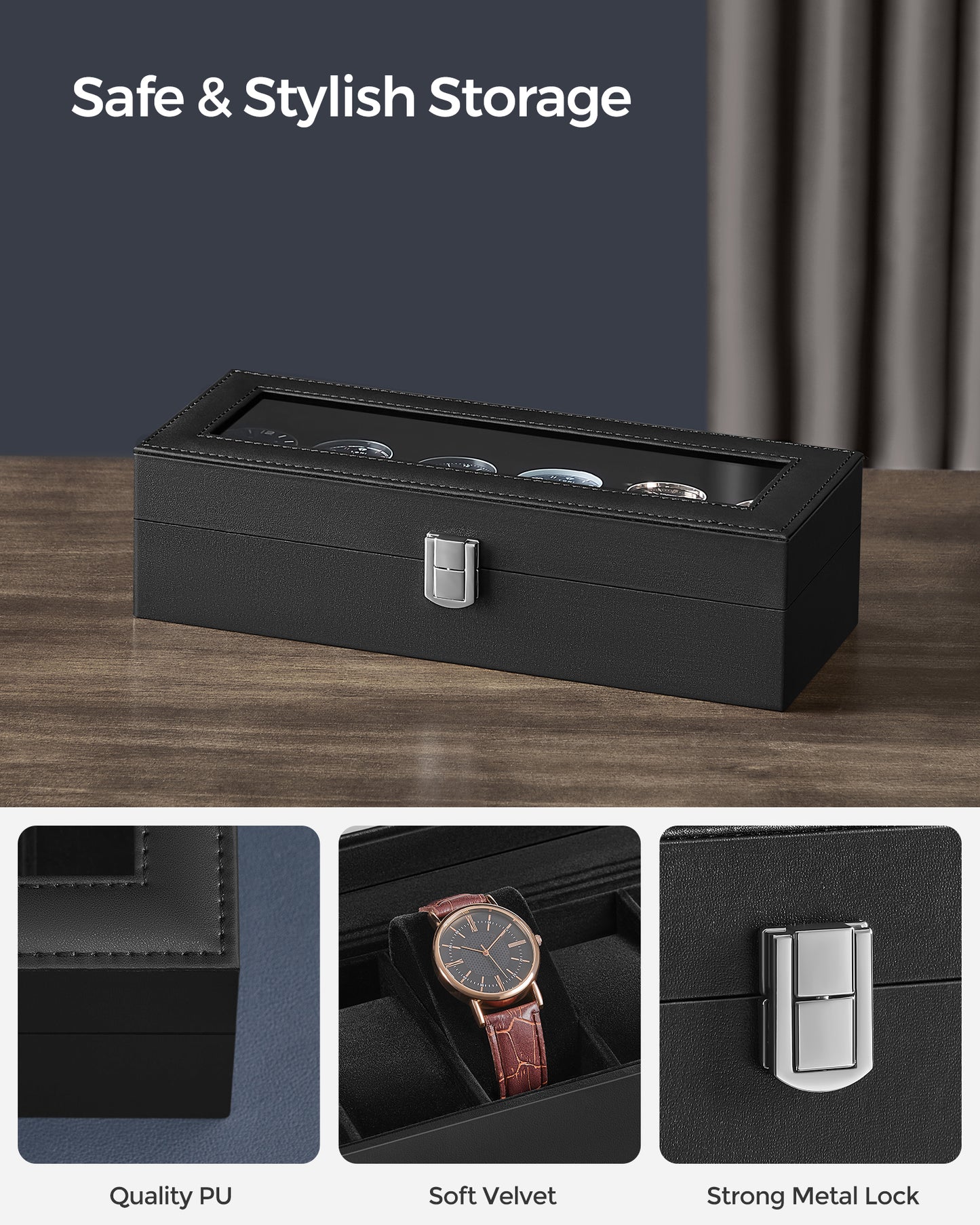 Sleek 6-Slot Watch Box, Large Glass Lid, Removable Pillows, Watch Organizer - Gift for Loved Ones, Black Synthetic Leather