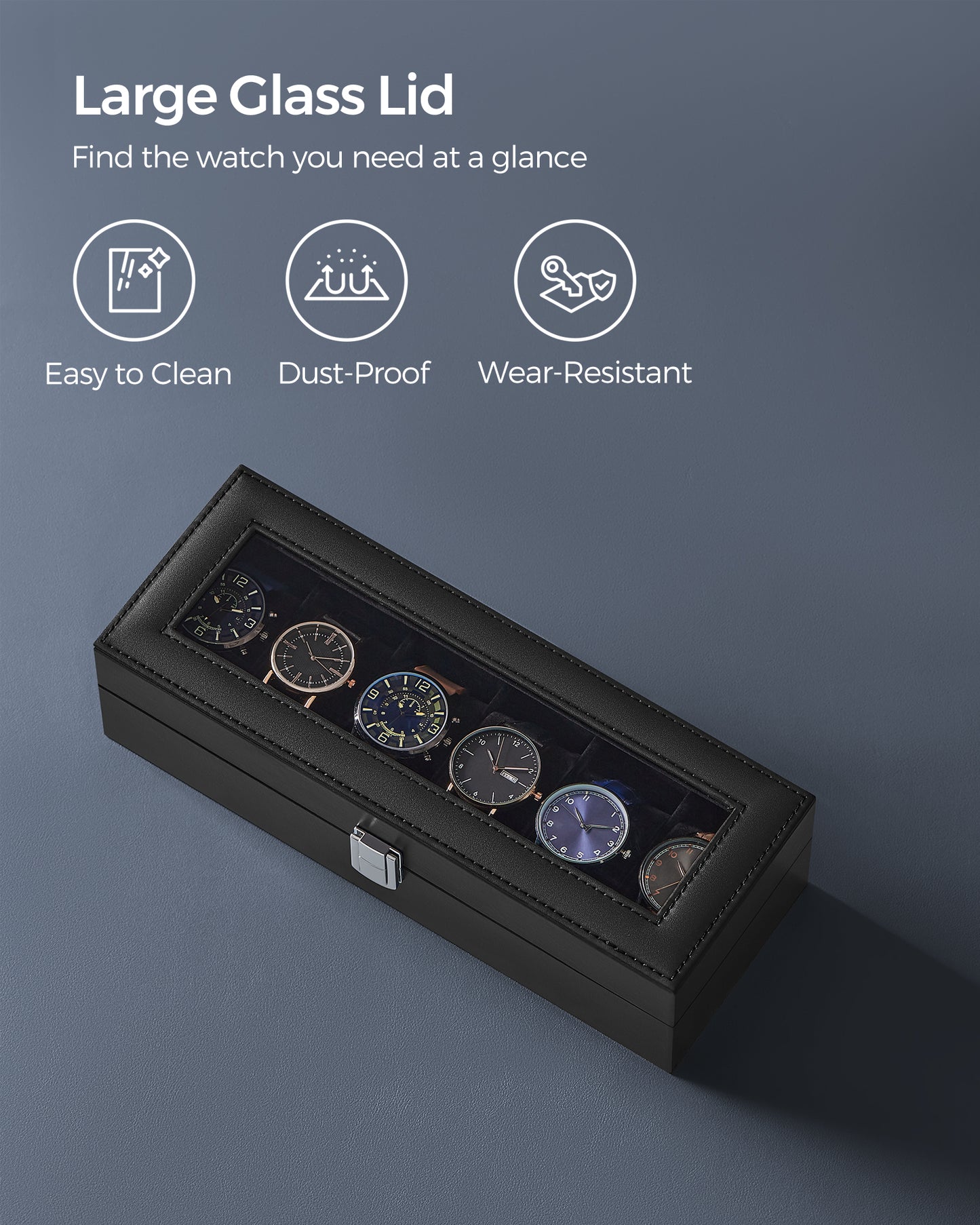 Sleek 6-Slot Watch Box, Large Glass Lid, Removable Pillows, Watch Organizer - Gift for Loved Ones, Black Synthetic Leather