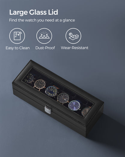 Sleek 6-Slot Watch Box, Large Glass Lid, Removable Pillows, Watch Organizer - Gift for Loved Ones, Black Synthetic Leather
