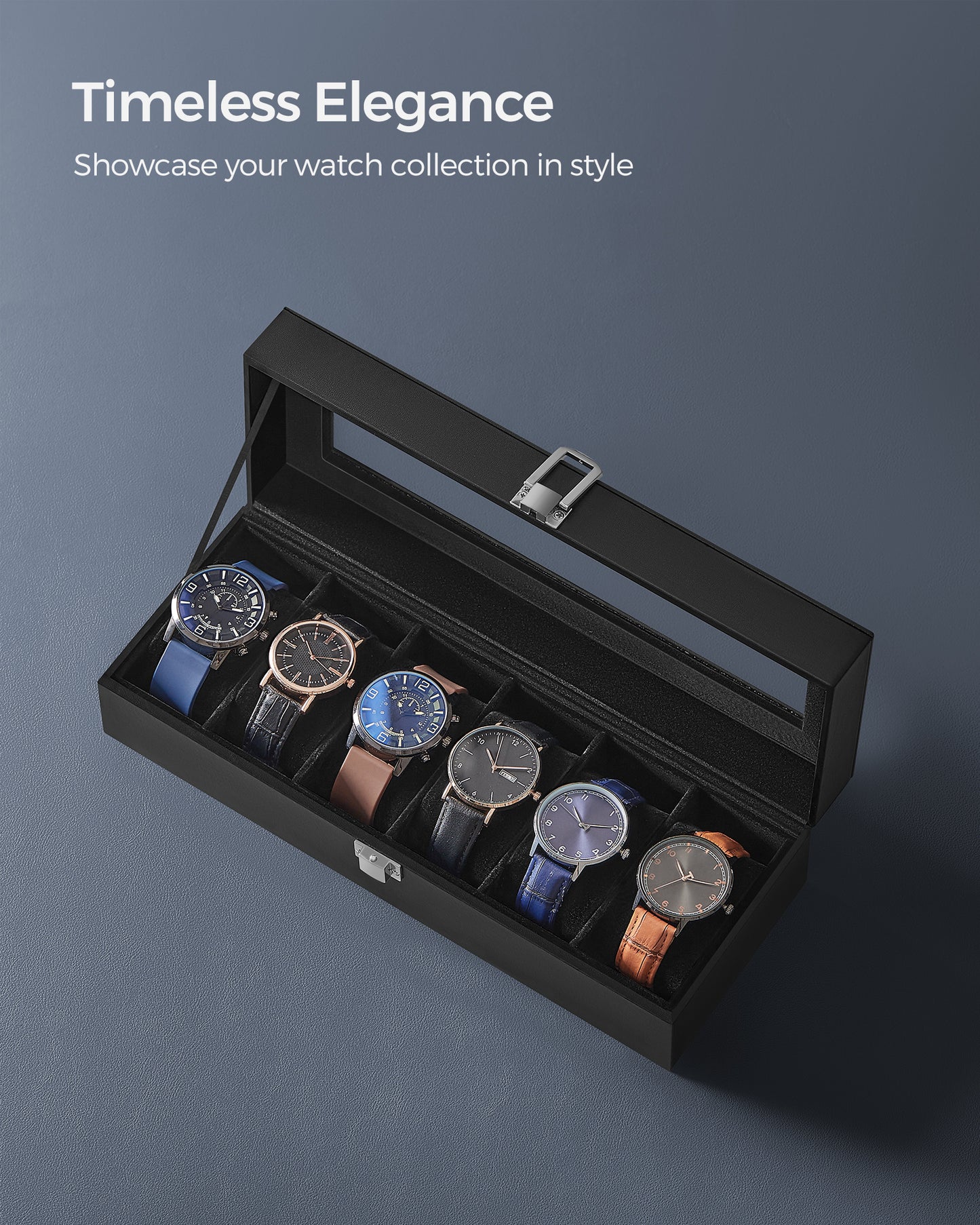 Sleek 6-Slot Watch Box, Large Glass Lid, Removable Pillows, Watch Organizer - Gift for Loved Ones, Black Synthetic Leather