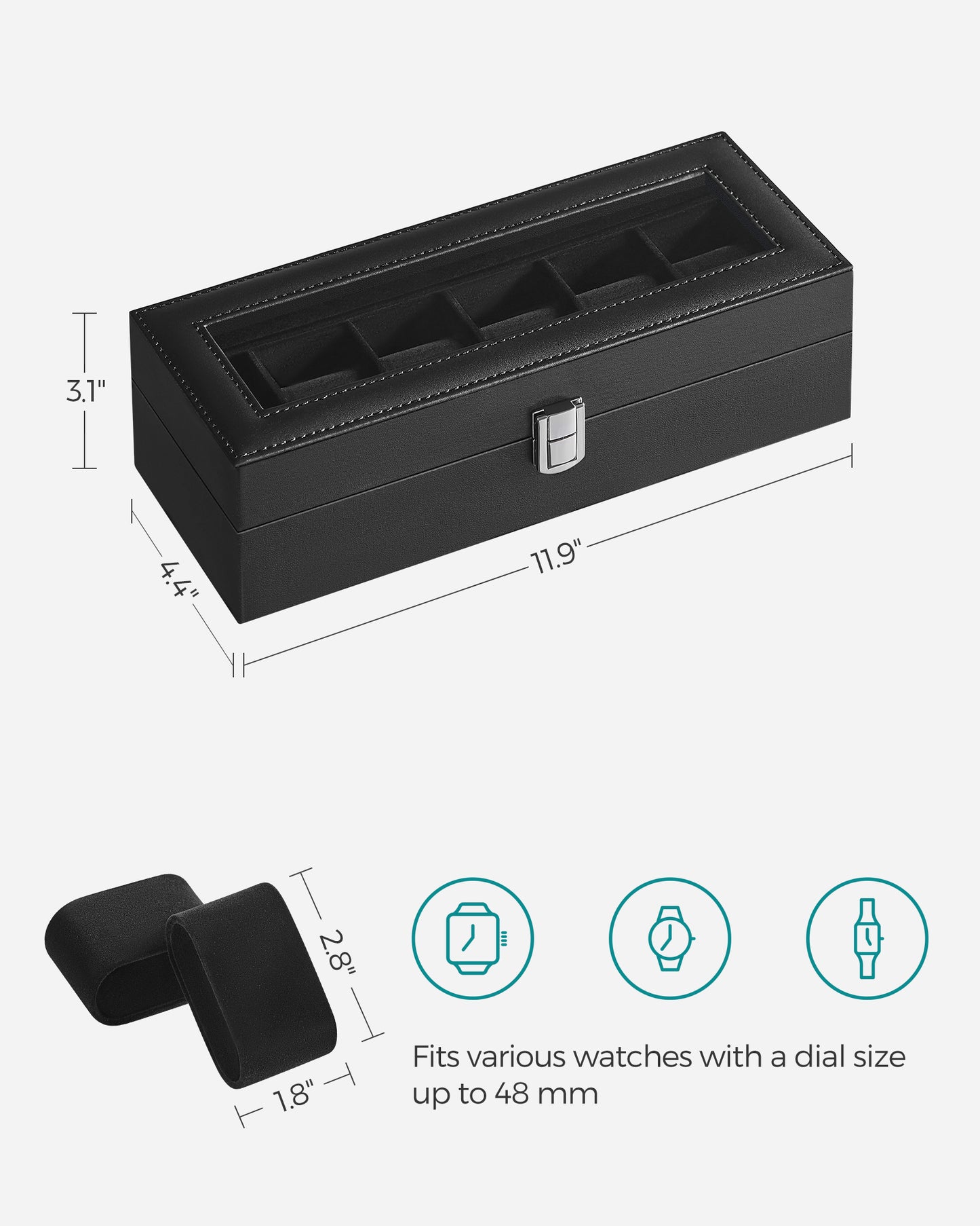 Sleek 6-Slot Watch Box, Large Glass Lid, Removable Pillows, Watch Organizer - Gift for Loved Ones, Black Synthetic Leather
