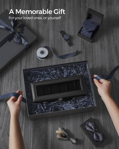 Sleek 6-Slot Watch Box, Large Glass Lid, Removable Pillows, Watch Organizer - Gift for Loved Ones, Black Synthetic Leather