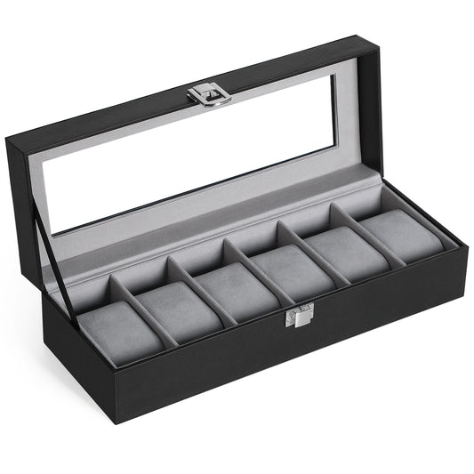 Sleek 6-Slot Watch Box, Large Glass Lid, Removable Pillows, Watch Organizer - Gift for Loved Ones, Black Synthetic Leather
