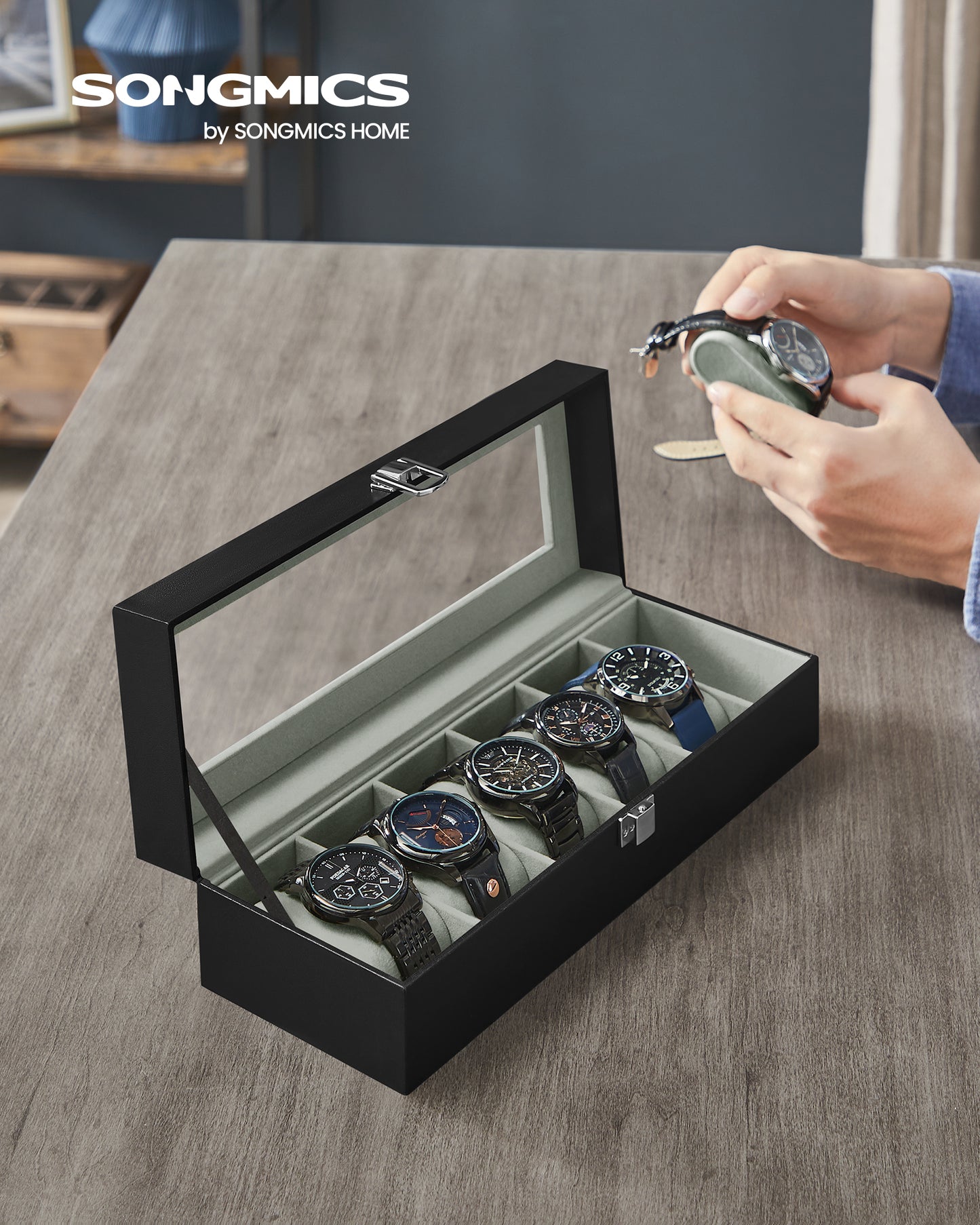 Sleek 6-Slot Watch Box, Large Glass Lid, Removable Pillows, Watch Organizer - Gift for Loved Ones, Black Synthetic Leather