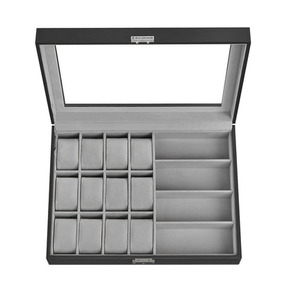 Ink Black Lockable 16-Slot Watch Box with Glass Lid - Made of Synthetic Leather, Dove Gray Lining, Ideal Gift Idea for Watch Storage
