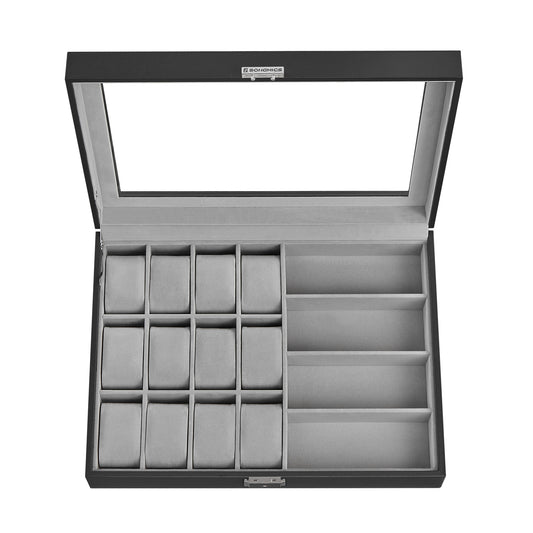 Ink Black Lockable 16-Slot Watch Box with Glass Lid - Made of Synthetic Leather, Dove Gray Lining, Ideal Gift Idea for Watch Storage
