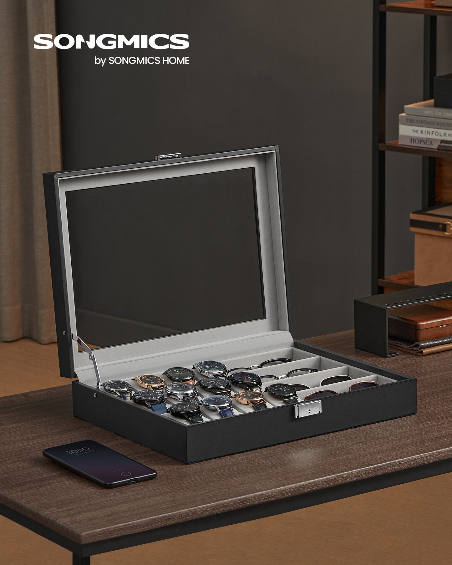 Ink Black Lockable 16-Slot Watch Box with Glass Lid - Made of Synthetic Leather, Dove Gray Lining, Ideal Gift Idea for Watch Storage