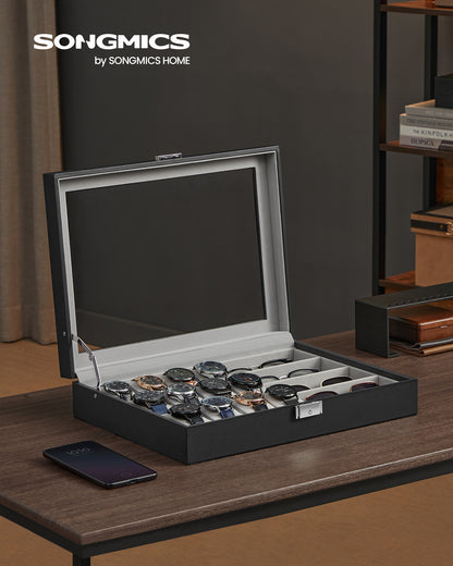 Ink Black Lockable 16-Slot Watch Box with Glass Lid - Made of Synthetic Leather, Dove Gray Lining, Ideal Gift Idea for Watch Storage