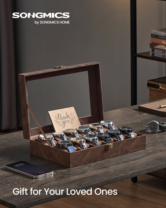 12-Slot Watch Box with Glass Lid and Removable Pillows, PU Leather Watch Case Organizer for Men, Coffee Brown