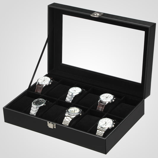 SONGMICS 12-Slot Watch Box, Lockable Watch Case with Glass Lid with 1 Drawer, Black and Gray