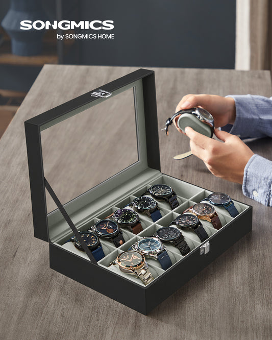 12-Slot Watch Box Display Case Watch Holder for Men and Women Organizer Jewelry Collection Storage Gray Lining