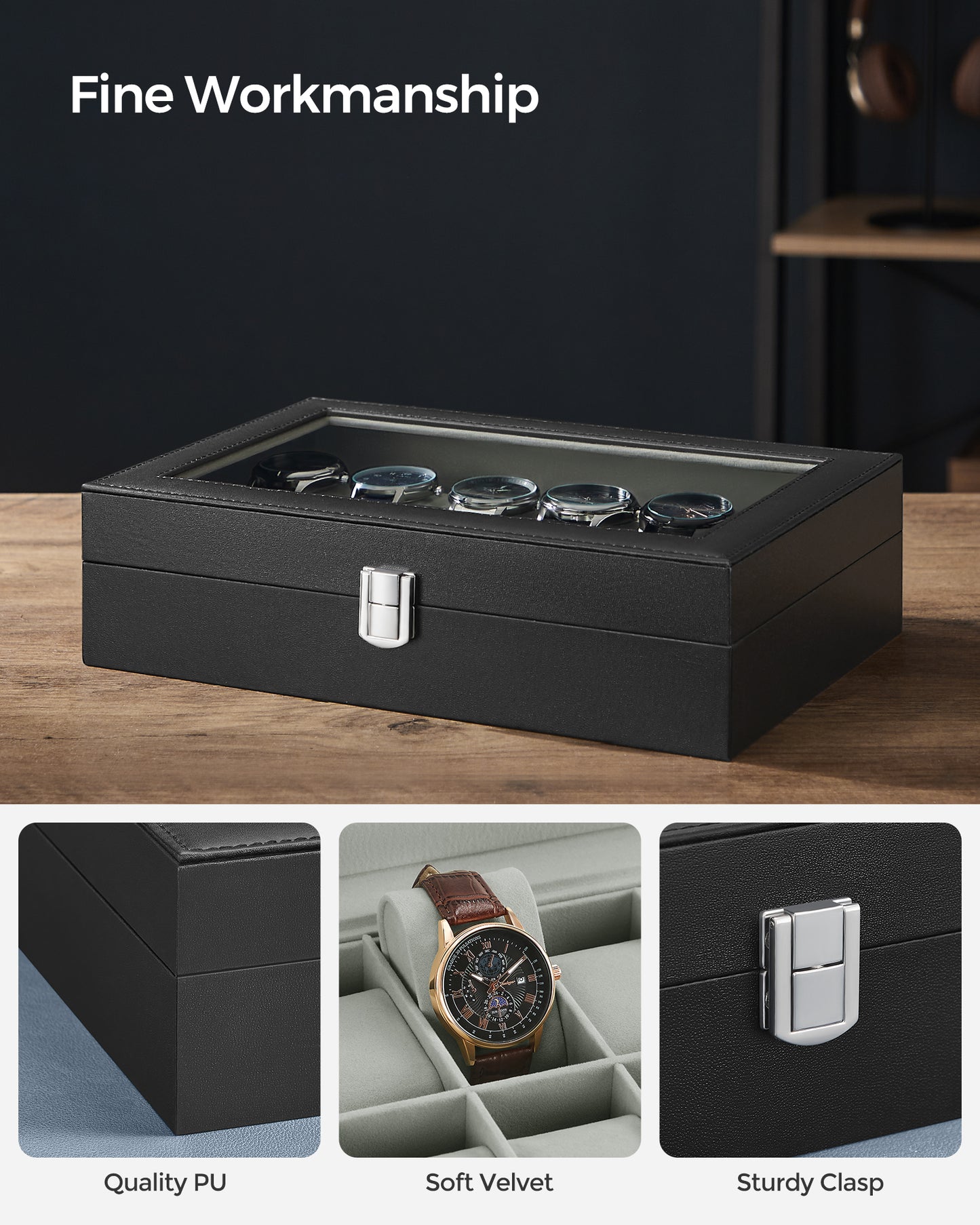 12-Slot Watch Box Display Case Watch Holder for Men and Women Organizer Jewelry Collection Storage Gray Lining
