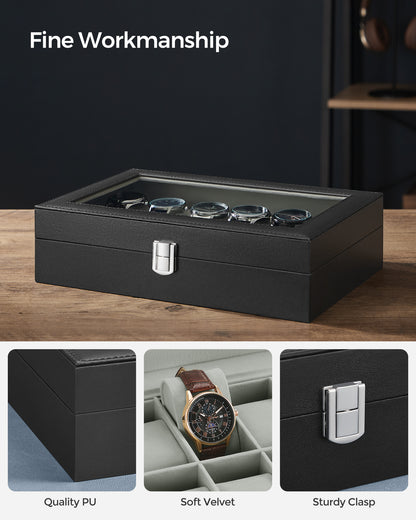 12-Slot Watch Box Display Case Watch Holder for Men and Women Organizer Jewelry Collection Storage Gray Lining