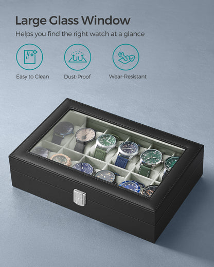 12-Slot Watch Box Display Case Watch Holder for Men and Women Organizer Jewelry Collection Storage Gray Lining