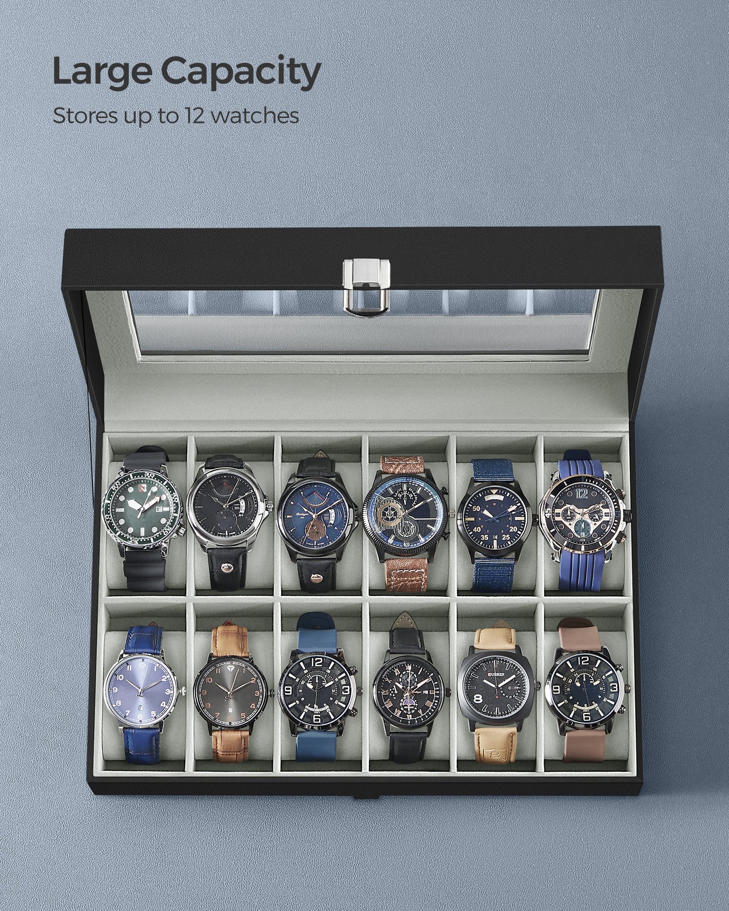 12-Slot Watch Box Display Case Watch Holder for Men and Women Organizer Jewelry Collection Storage Gray Lining