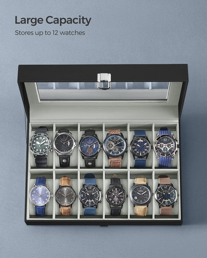 12-Slot Watch Box Display Case Watch Holder for Men and Women Organizer Jewelry Collection Storage Gray Lining