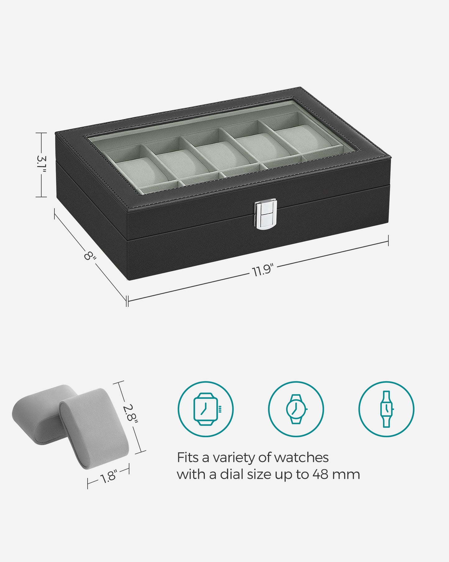 12-Slot Watch Box Display Case Watch Holder for Men and Women Organizer Jewelry Collection Storage Gray Lining