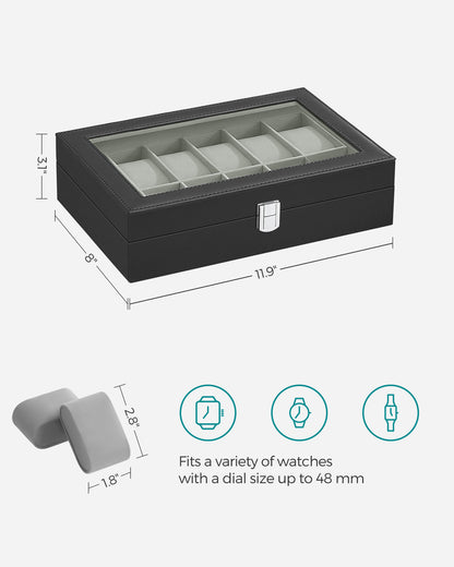 12-Slot Watch Box Display Case Watch Holder for Men and Women Organizer Jewelry Collection Storage Gray Lining