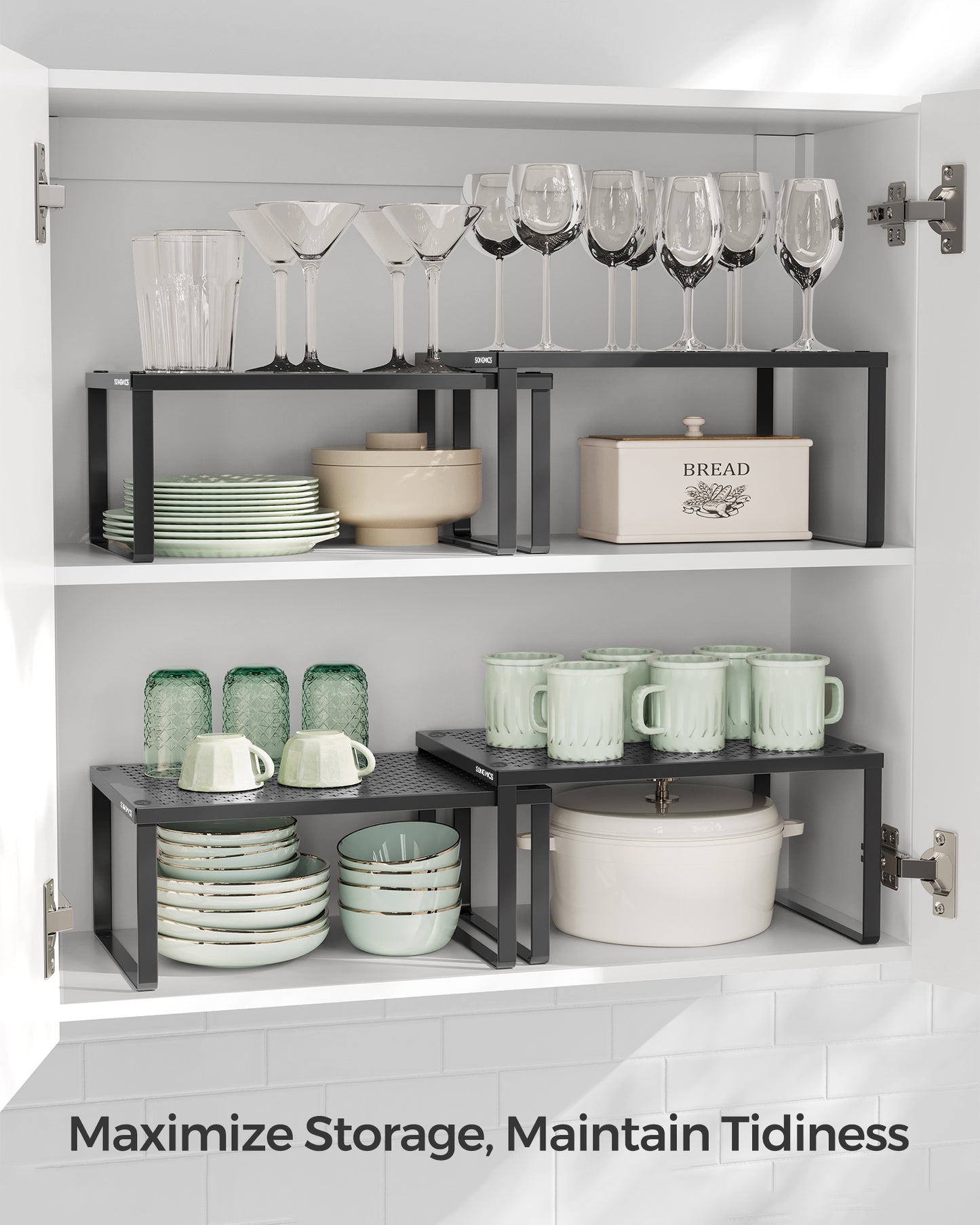 Spice Racks, Set of 2 Metal Cabinet Shelf Organizers, Countertop Organizers, Shelf Risers, Stackable, Expandable, Ink Black